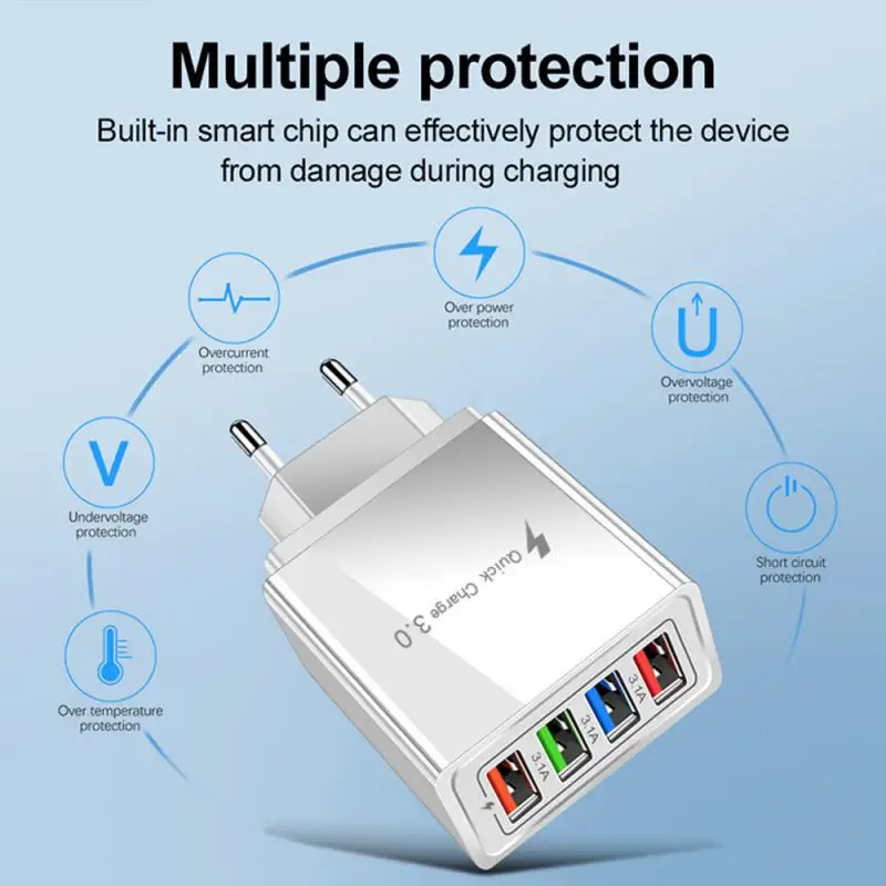 

4USB Multi Port Mobile Phone Charger 5V2A Color Frame Fast Charger New Portable Universal Travel Charger