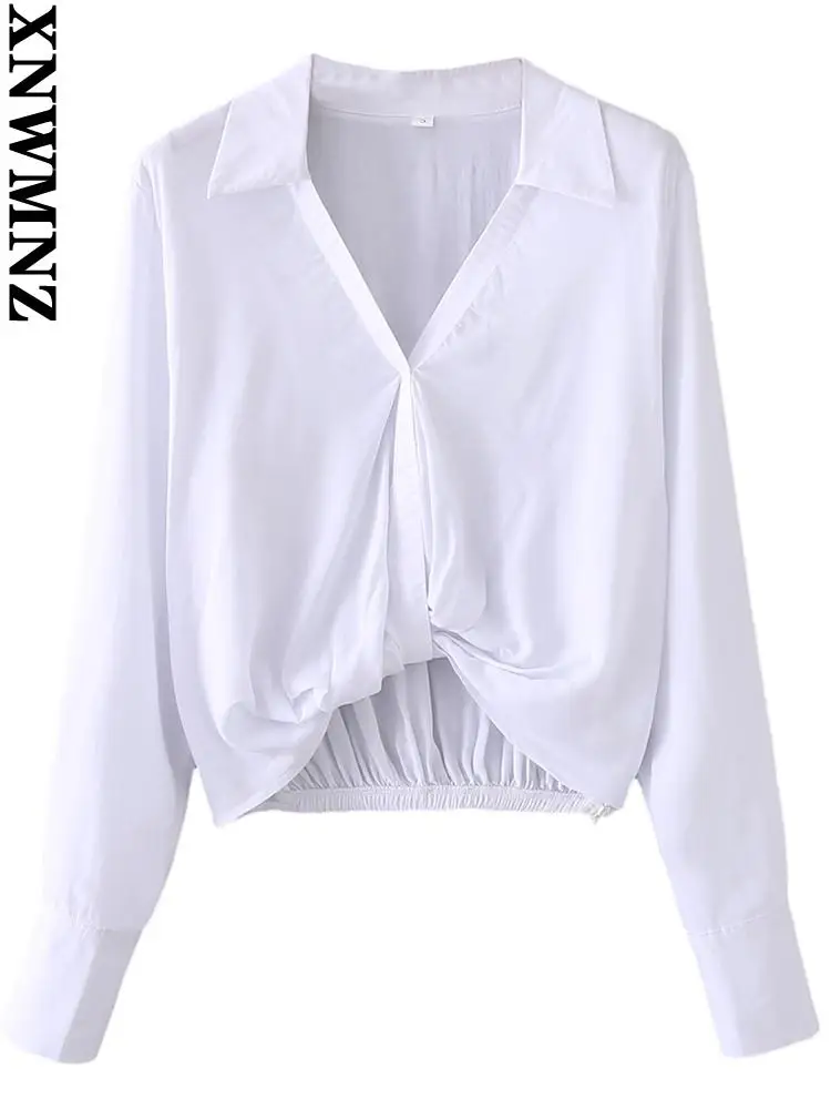 

XNWMNZ рубашка женская Women fashion with knotted cropped blouses vintage long sleeve side zipper female shirts blusas chic tops