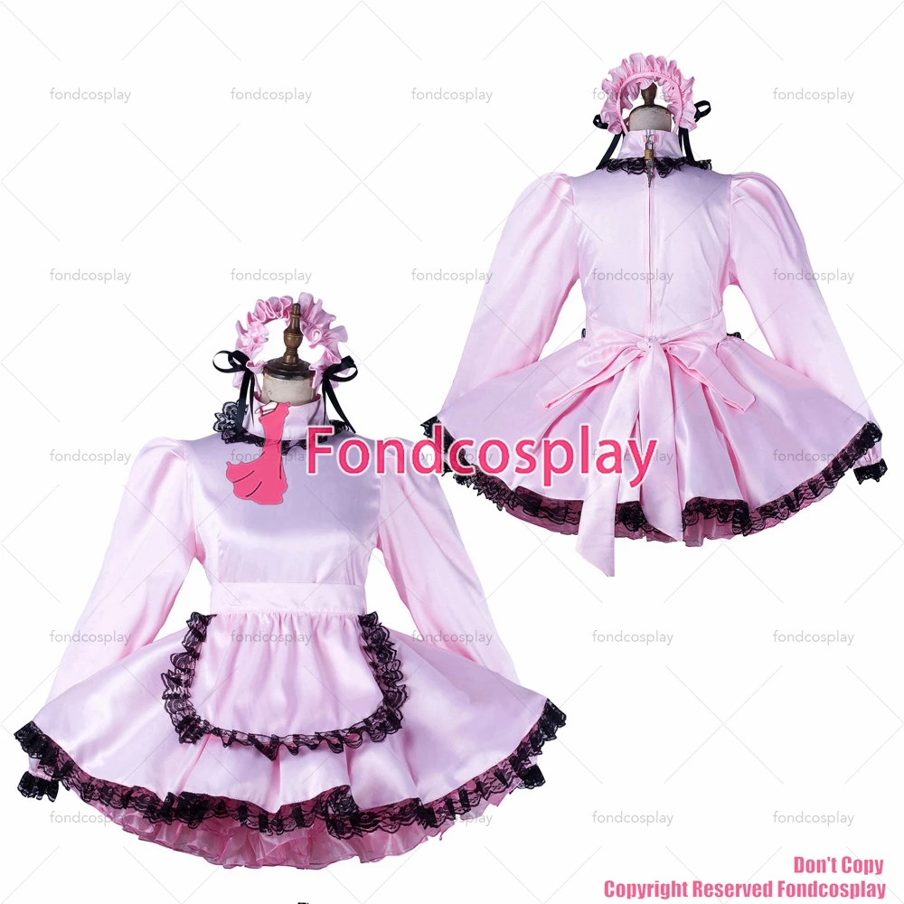 

tailor-made sexy adult dressing cross maid sissy short baby pink satin dress lockable uniform apron costume tv/cd[g2197]