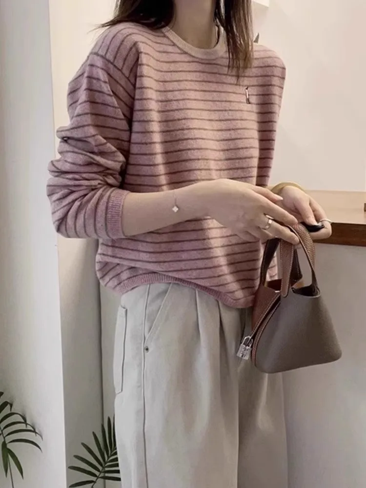 Осенне-зимняя удобная и универсальная рубашка в полоску с круглым вырезом