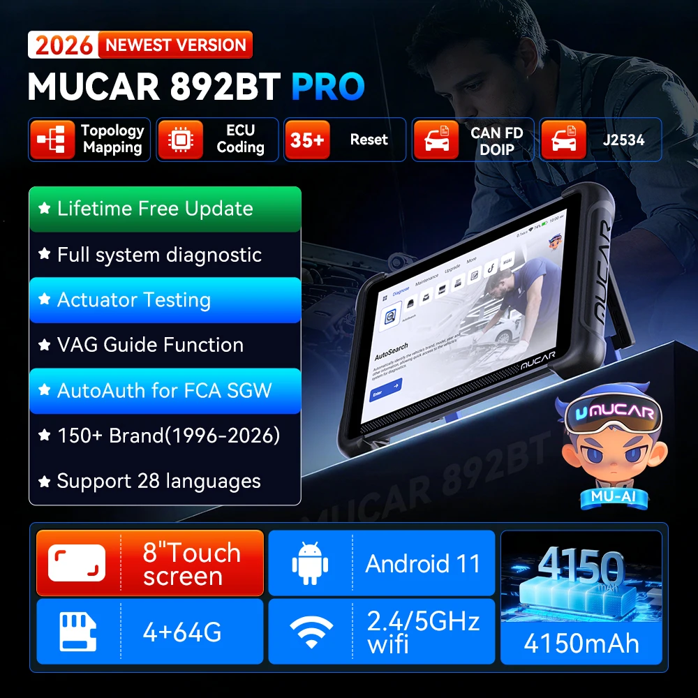 Фото MUCAR 892BT PRO AI программатор ключей TKEY 101, топологический автомобильный диагностический инструмент, двунаправленный автомобильный сканер J2534 OBD2, кодирование ЭБУ №1