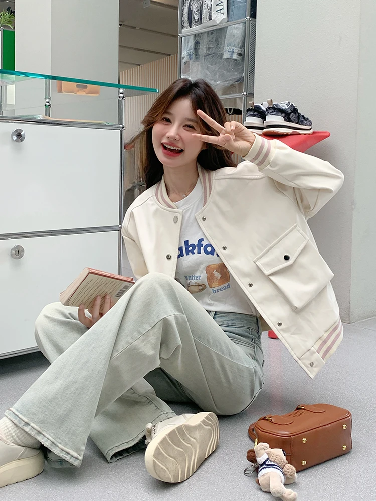 Кремово-белая бейсбольная форма-карго короткая женская куртка на весну и осень