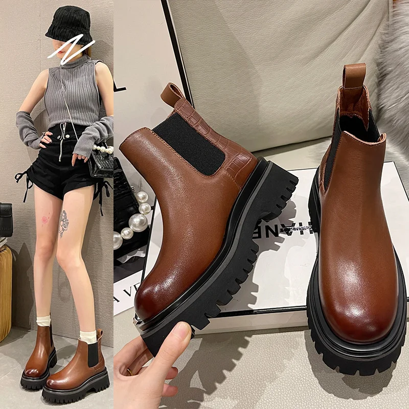 

Женские ботинки из натуральной воловьей кожи, удобные ботинки на толстой подошве, роскошные брендовые ботинки с низким дымовым покрытием д...