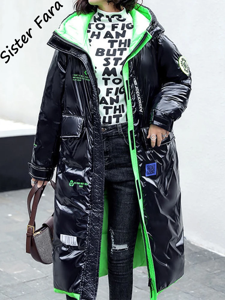 

Sister Fara 2022 Winter Thicken Warm Coat Down Jacket For Women Female Loose Cotton Long Sequins Hooded Down Jacket Coat