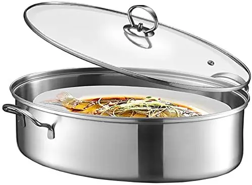 

Stainless Steel Fish Steamer - Multi-Use Oval Cookware with , Ceramic Pan, Chuck - Stockpot for Steaming Fish, Boiling Soup Cook