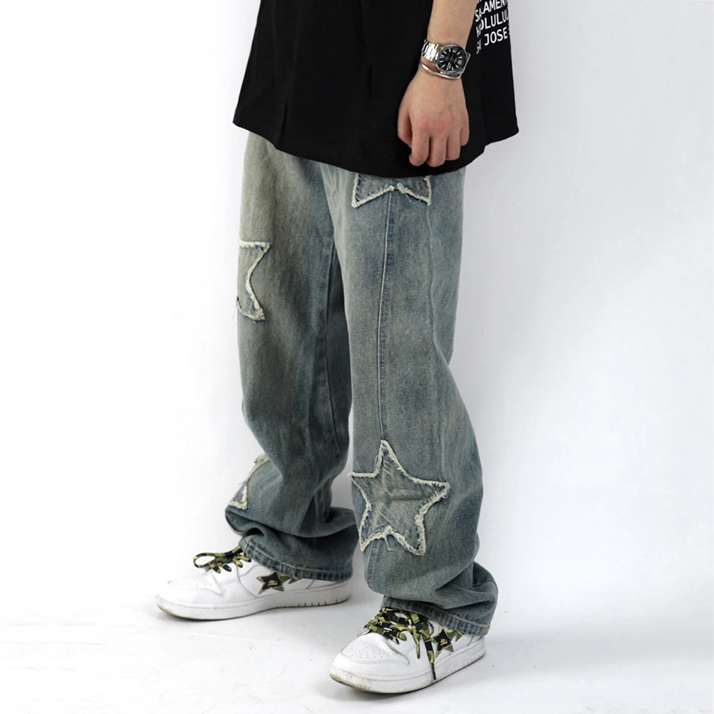 Street Retro Hip-hop Five-pointed Star Cloth Embroidered Jeans Men's and Women's Loose Straight Trousers Ins Men Clothing JEANS