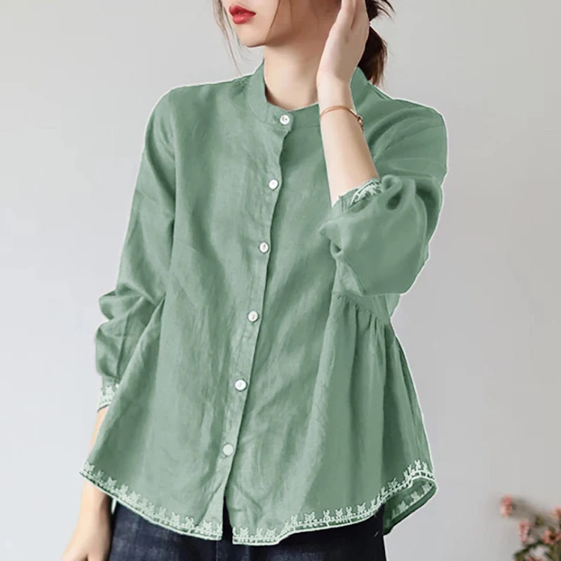 

Women Blouse Solid Color Stand Collar Shirt Cotton Linen Style Long Sleeve Tops Loose Shirts Vinatge Blusas Femininas Elegant