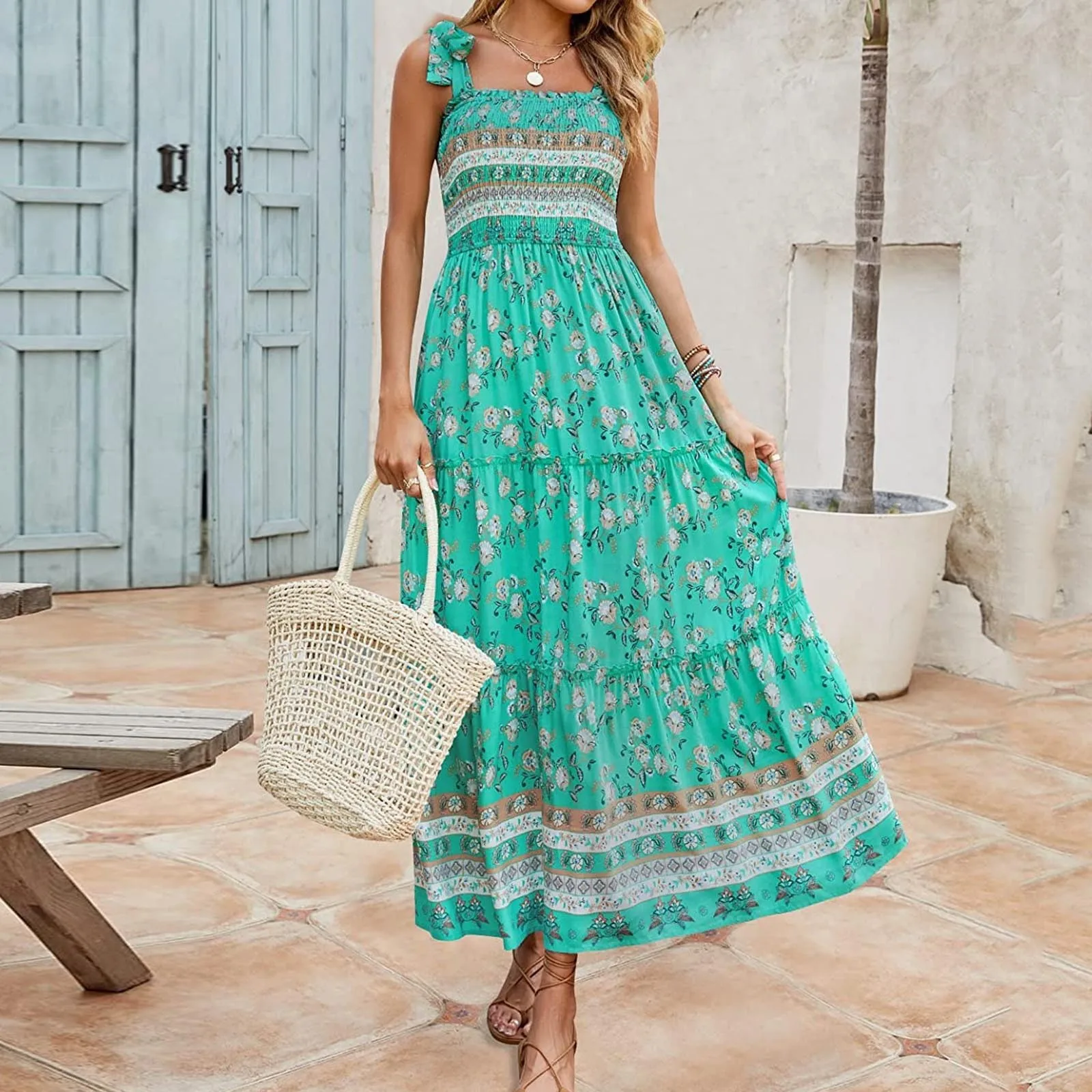 

Женское летнее Повседневное платье, длинное платье с принтом в стиле бохо, свободное Повседневное платье на бретельках, женские летние плат...