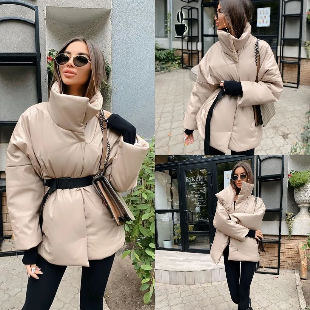 Winter Women Overszied Cotton Coat Jacket Parkas Thick Warm with Belt Casual New Loose Pocket Bubble Khaki Short Jackets Black