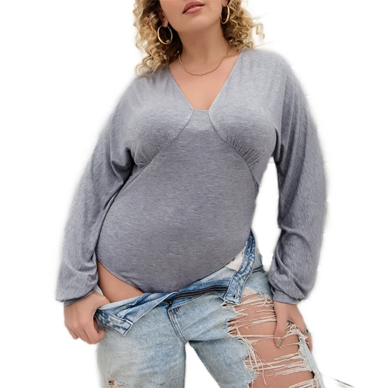 

Women Plus Size Long Sleeve Bodysuit Sexy Deep V-Neck Solid Color Bodycon Leotard Top T-Shirt Snap Crotch Jumpsuit