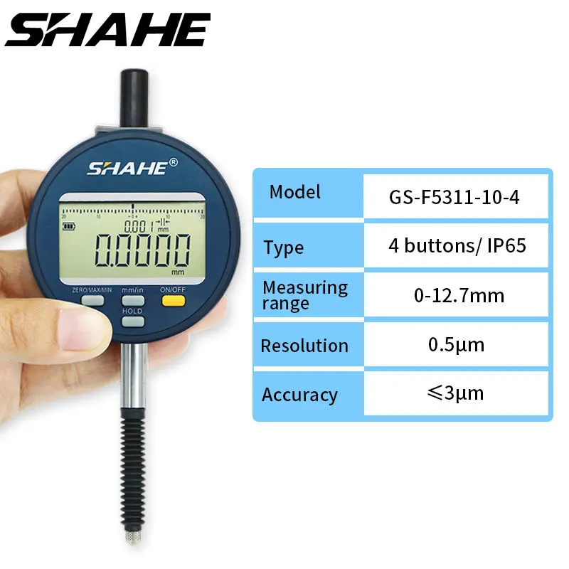 

Цифровой индикатор SHAHE, 0-12,7 мм, разрешение 0,5 мкм, IP65, пыленепроницаемый и водонепроницаемый циферблат, индикатор с перезаряжаемой батареей
