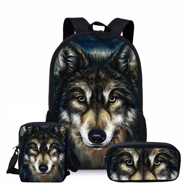 

Cute Wolf 3D Print Set School Bags For Teen Boys Primary 16 Inch Children Large Men Backpack School Kids Bag Mochilas Escolares