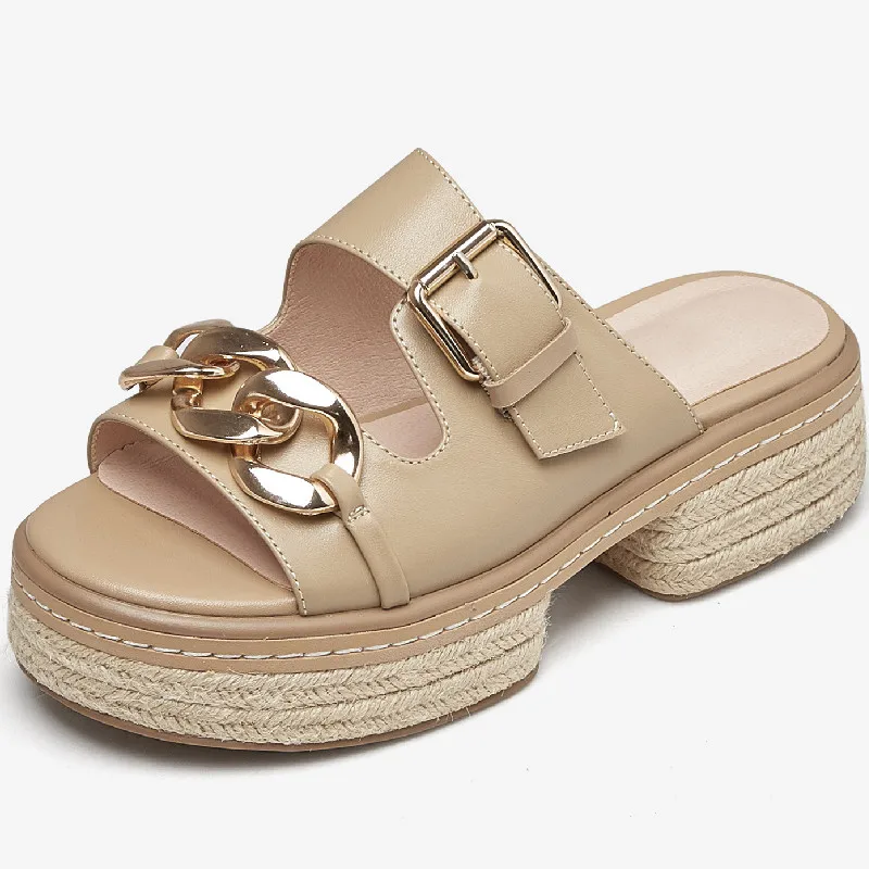

Dilalula Women Chunk Platforms Sandals Thick Heels Slippers Punk Chain Buckle Genuine Leather Fashion Casual Mules Shoes Woman