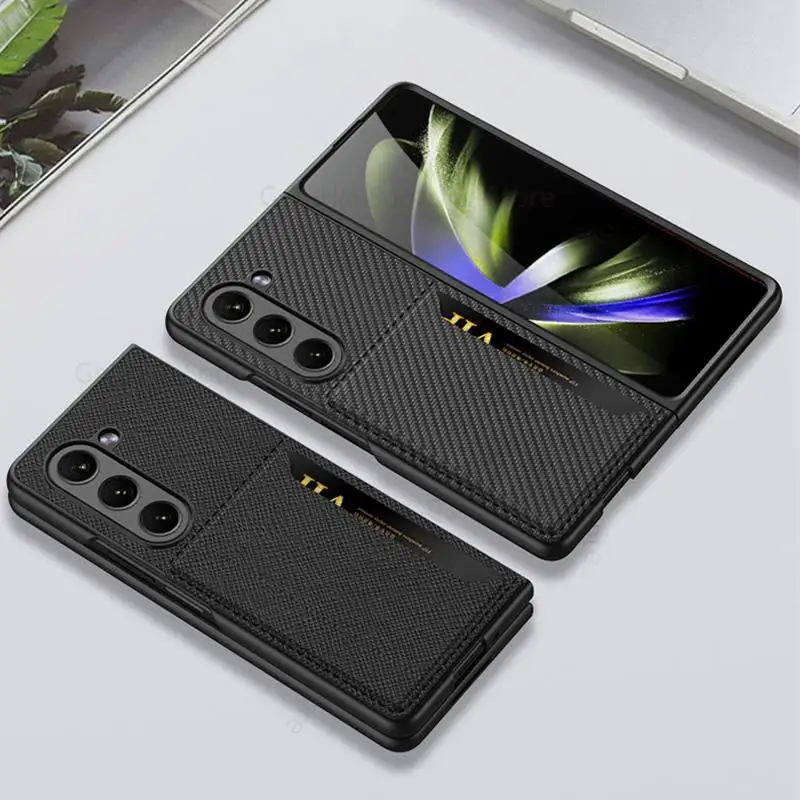 

Funda For Samsung Z Fold 5 Cross Leather Phone Case For Galaxy Z Fold5 Carbon Fiber Card Slot Flip Cover For Samsung Z Fold 5 5G