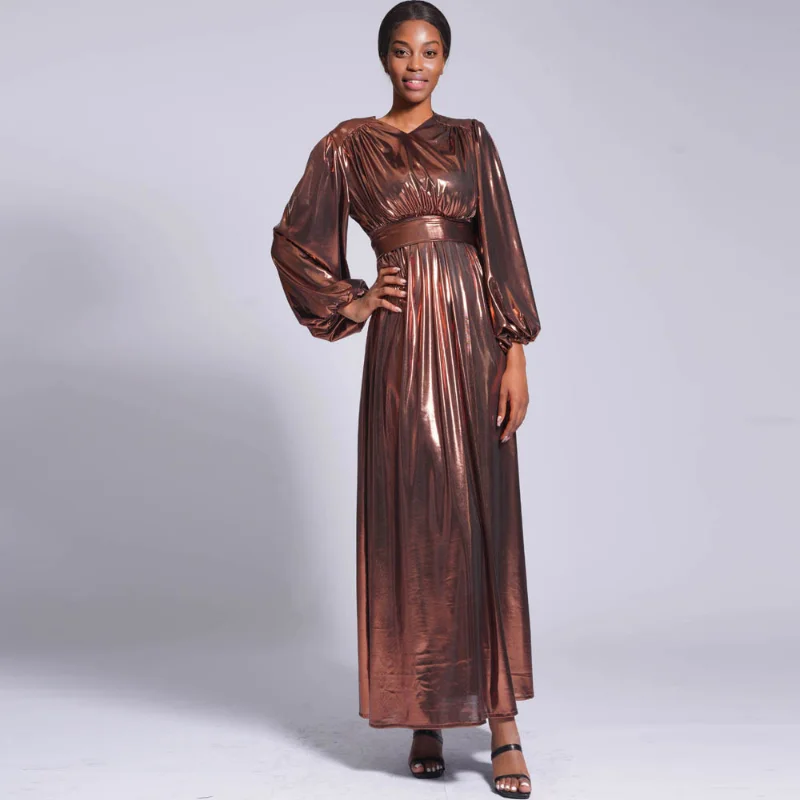 Muslim Fashion Women's Solid Large Lantern Sleeve Dress Shiny Elastic Lace Up Long Dress Abaya Dubai Robe Femme Musulmane Modest