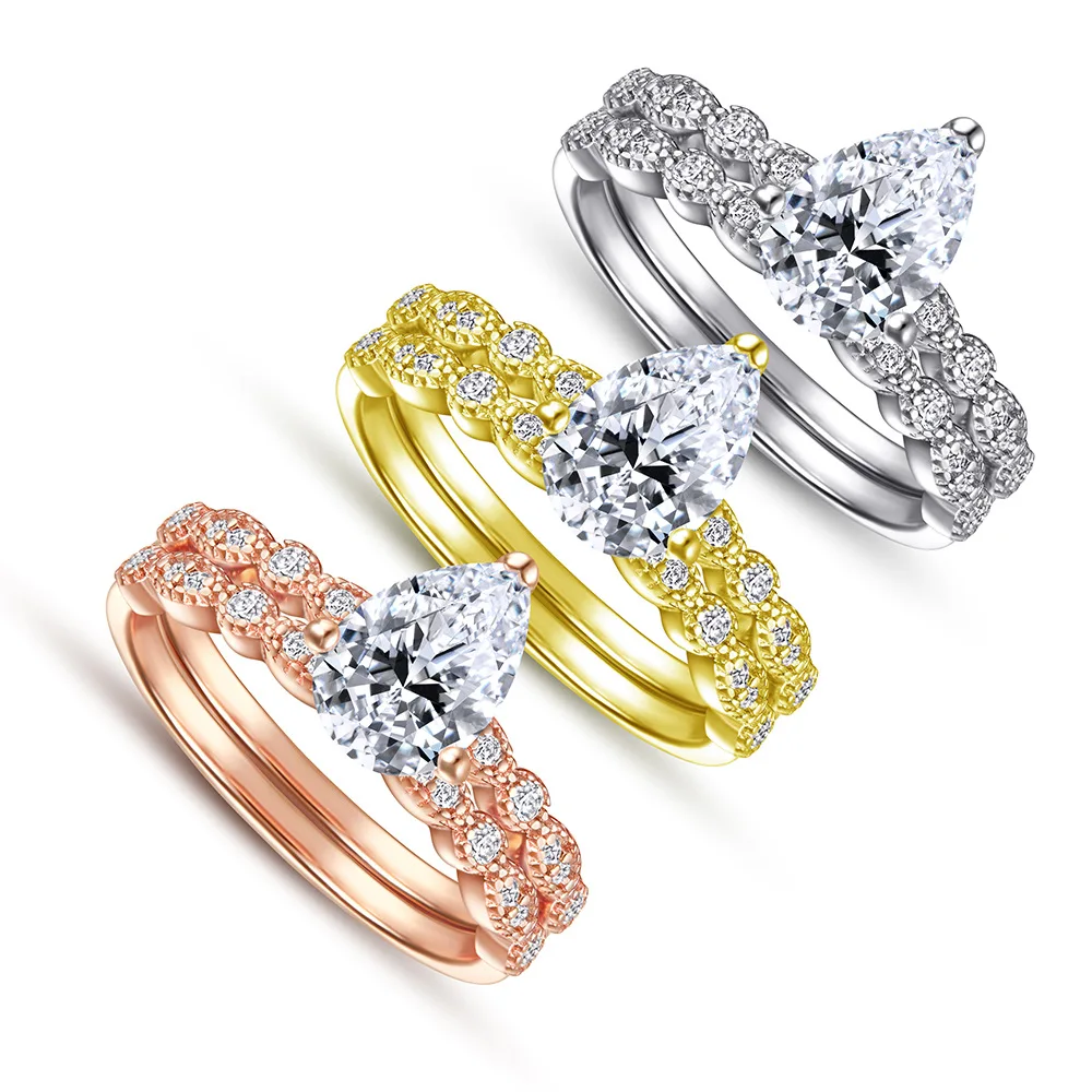 

European and American new s925 silver drop-shaped white diamond ring ladies set ring 5A zircon design sense niche ring