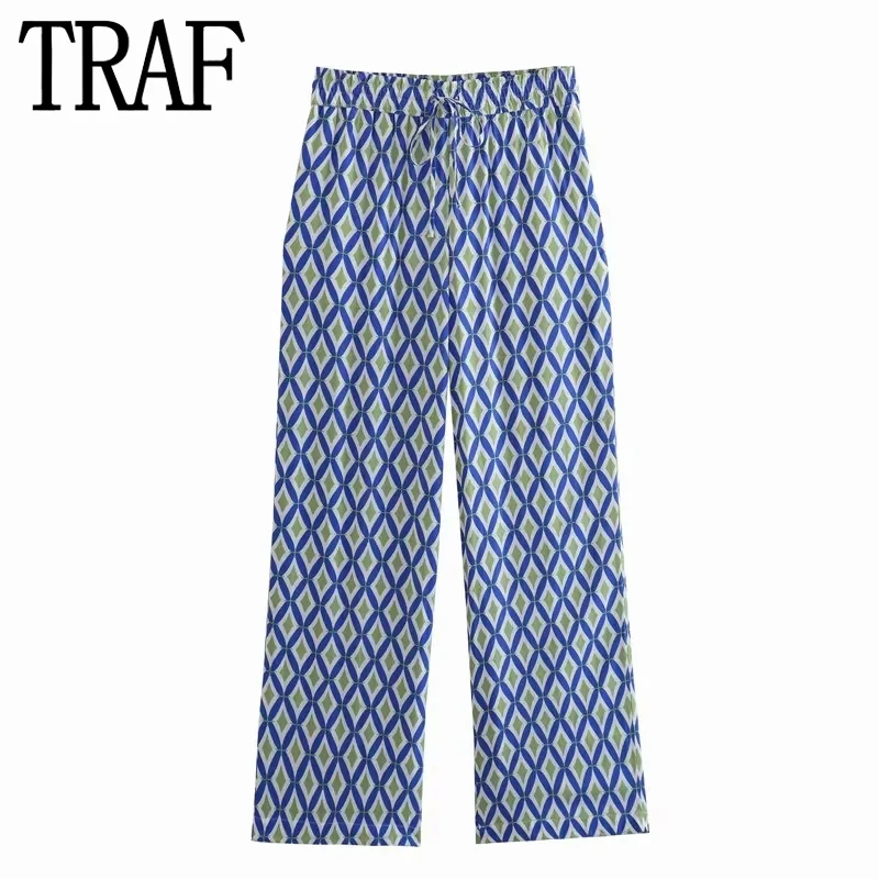 

TRAF 2023 Blue Print Wide Leg Pants Women High Waist Summer Pants Sets Casual Baggy Pants Woman Streetwear Women's Trousers
