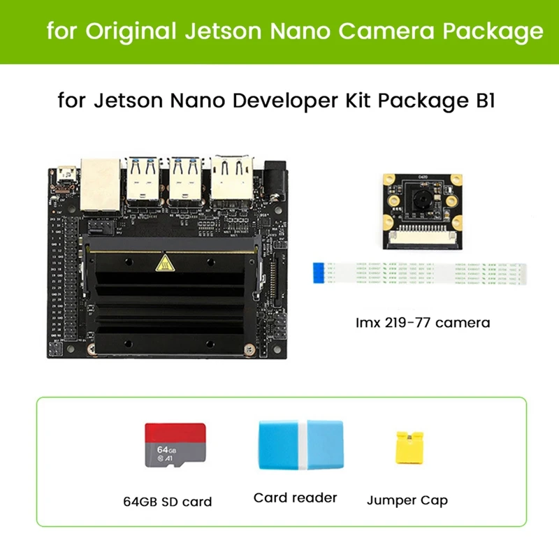 

For Jetson Nano B01 4GB AI Development Kit+IMX219-77 Camera+64G SD Card+Card Reader+Jumper Cap+Power