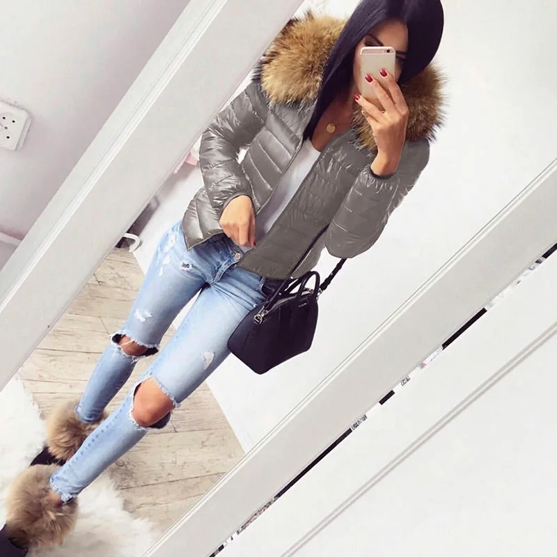 Women Down Jackets Winter Warm Thick Fur Collar Hooded Short Jacket Solid Fleece Coat Female Plush Cotton Slim-Fit Outerwear