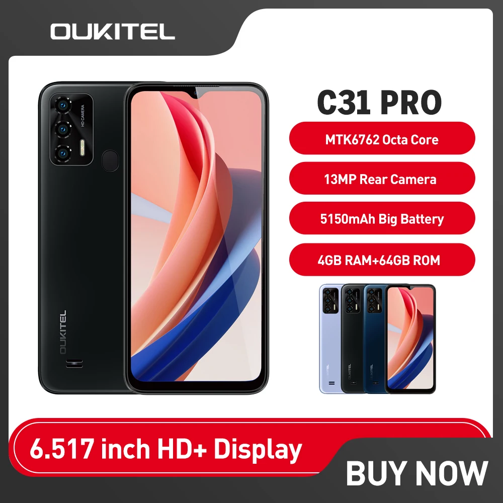 

OUKITEL C31 Pro Smartphones 5150mAh 6.517 Inch HD Display Android 12 4GB RAM 64GB ROM 13MP Camera Mobile Phone Battery Cellphone