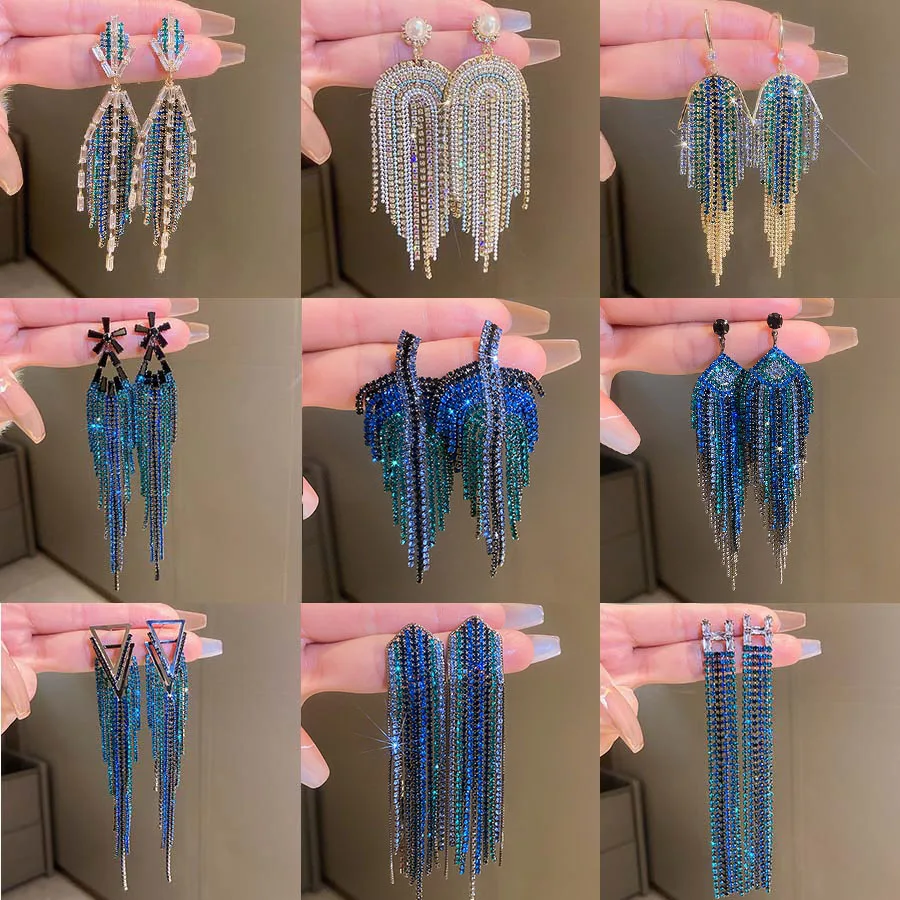 

Minar Luxury Multi Designs Shiny Full CZ Zircon Rhinestones Long Tassel Earring for Women Gradient Color Geometric Drop Earrings