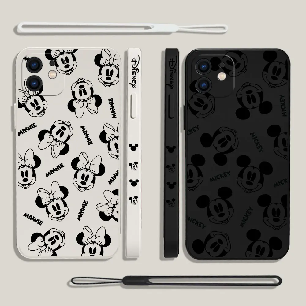 

Cute Cartoon Disney Minnie Mickey Phone Case For iPhone 15 14 13 12 11 Pro Mini X XR XS MAX Plus Silicone Cases with Hand Strap