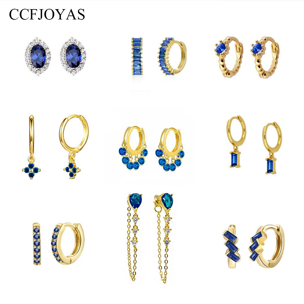 

CCFJOYAS 18K Gold Plated Dark Blue Zircon Hoop Earrings Europen and American 925 Sterling Silver Circle Piercing Huggie Earring