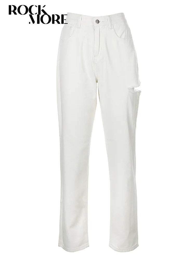 Rockmore/хлопковые джинсы с высокой талией и дырками белые повседневные Прямые брюки