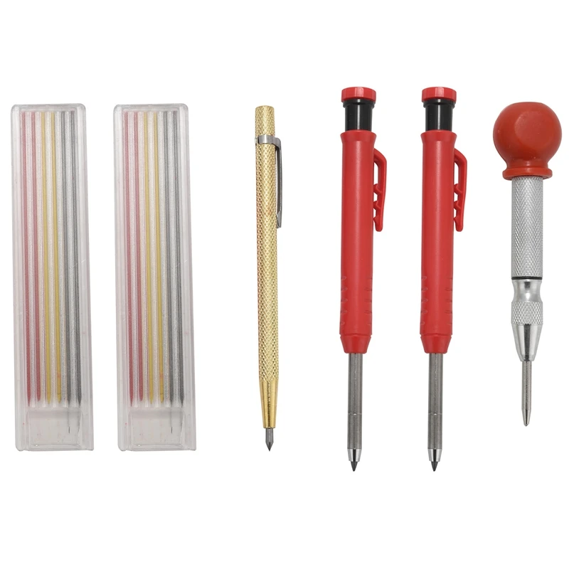 

Carpenter Scriber Marking Kit, 2 Pcs Carpenter Pencils 12 Pcs Marker Refills Carbide Scriber And Automatic Center Punch