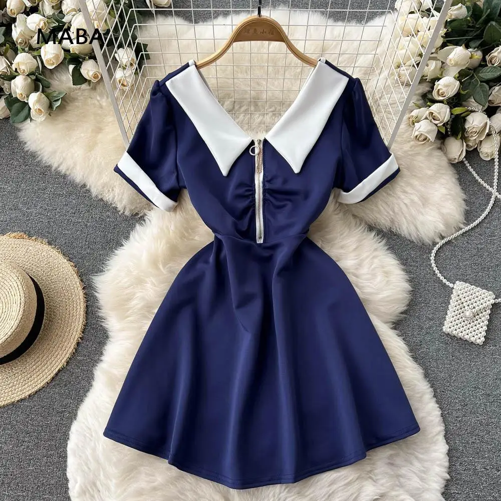 

Fashion Zipper Dress Women 2022 Summer Short Sleeve Sexy Backless Stretch High Waist Slim Japan Style Mini A-line Dress Robe