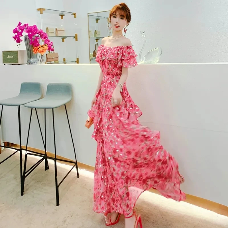 

Chiffon Dress Women 2022 Summer New High-waisted Fashion One-Line Neck Floral Skirt Female Large Size Over Knee Long Skirts