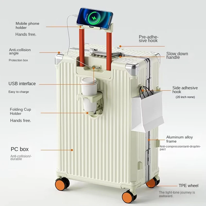 Чемодан с алюминиевой рамкой для мужчин и женщин чемодан USB-держателем телефона