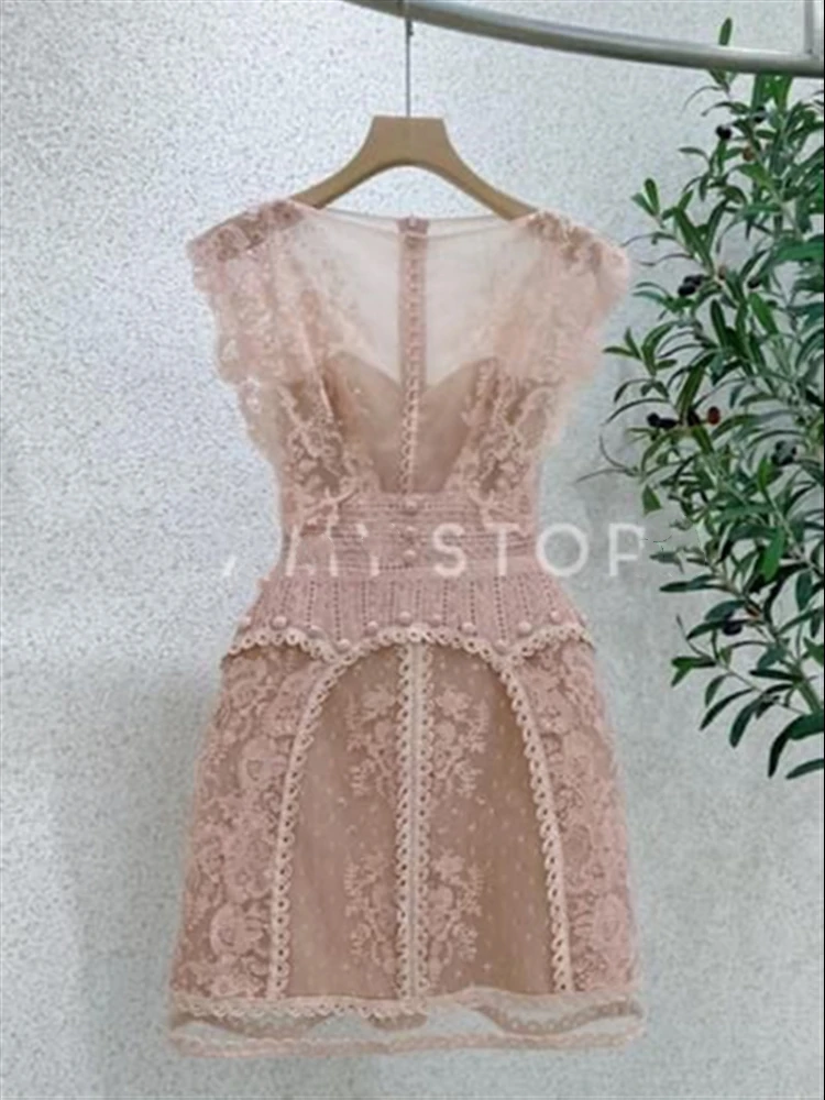 Backless Boho Party Embroidery Sundress Women Dress 2023 Beach Runway Woman Sexy Lace Dresses Summer Sleeveless Vintage Pink