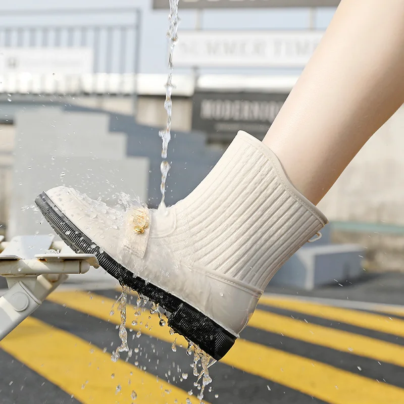 New Women's Rain Boots Thick Bottom Square Root Metal Decoration Fashion Trend Waterproof Non-Slip Cotton Warm Work Rain Boots