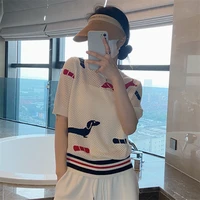 summer tb round neck bow puppy embroidery hollow short sleeved womens casual loose jacquard t shirt top