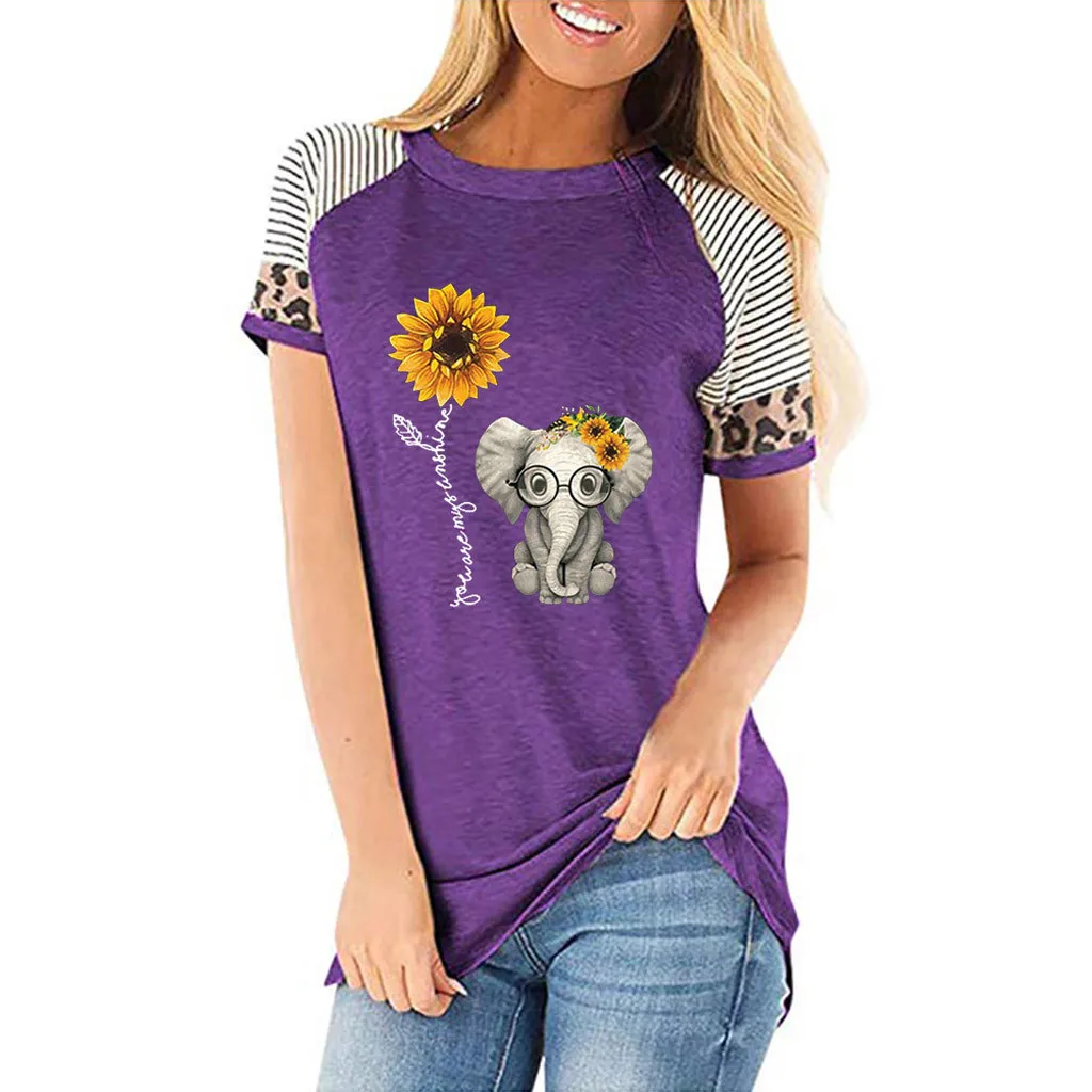 

Women SunFlower Leopard Short Sleeves O-neck Printed Casual Tops T-shirt
