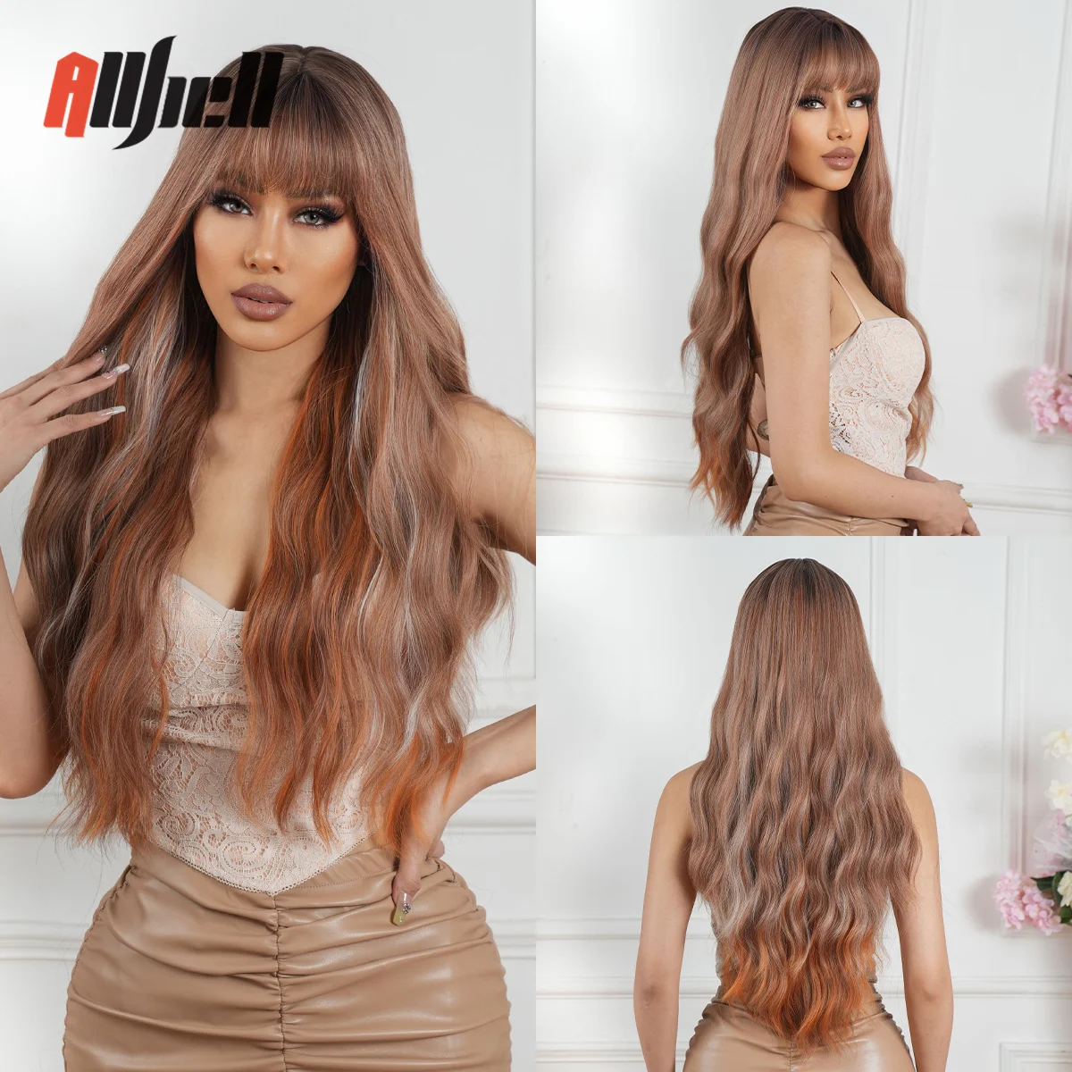 

Mixed Blonde Light Red Brown Synthetic Long Curly Wigs with Bangs for Black Women Heat Resistant Cosplay Daily Use Hair Wig