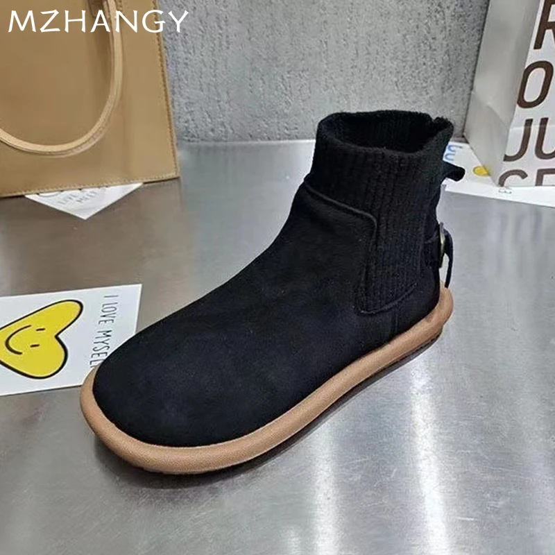 Женские замшевые ботильоны на плоской подошве вязаная обувь с пряжкой женские
