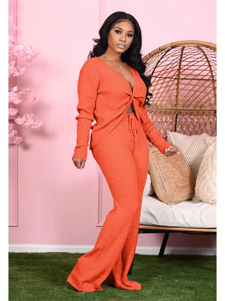 

Habbris Fall Solid Thicker 2 Two Piece Sets Fall Outfit For Women 2022 Fashion Long Sleeve V Neck Crop Top And Pants Sets Female