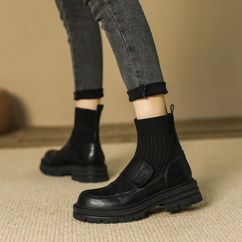 Women Platform Chelsea Sock Boots Autumn Winter New Fashion Ankle Genuine Leather Casual Shoes Motorcycle Botines De Mujer Sexy