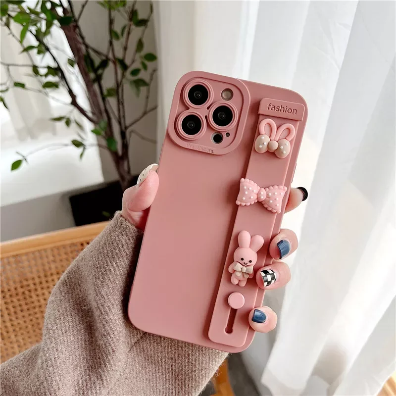 

Free Shipping For iPhone 13 11 12 Pro Max XR X XS 7 8 Plus SE 2 13 MiNi Cover Cartoon Bear Wrist Band Holder Stand Bracket Matte