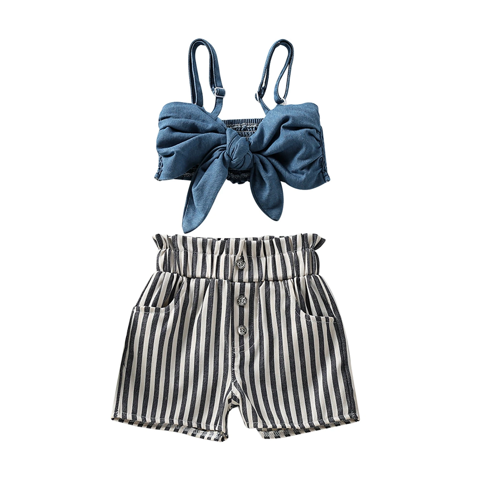 

2-7Y Children Kids Girls Clothes Set Bow Crop Tops Striped Shorts Outfits Summer Fashion Vacation Holiday Costumes D01
