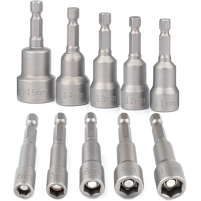 

Magnetic Socket Adapter 1/4 Inch Socket Set 6-15 Mm Hexagonal For Drill Or Cordless Screwdriver Set Of 10