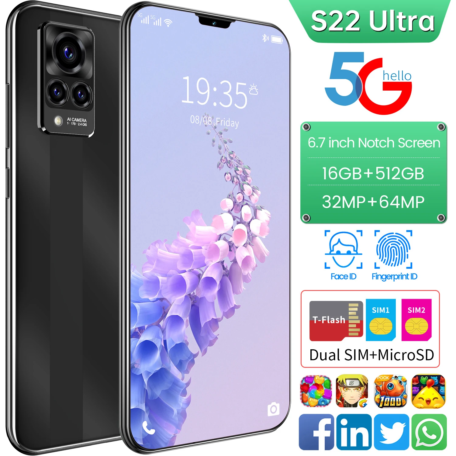 

Смартфон S22 Ultra Android 11, 6,7 дюйма, 16 + 512 ГБ, две SIM-карты + Micro SD