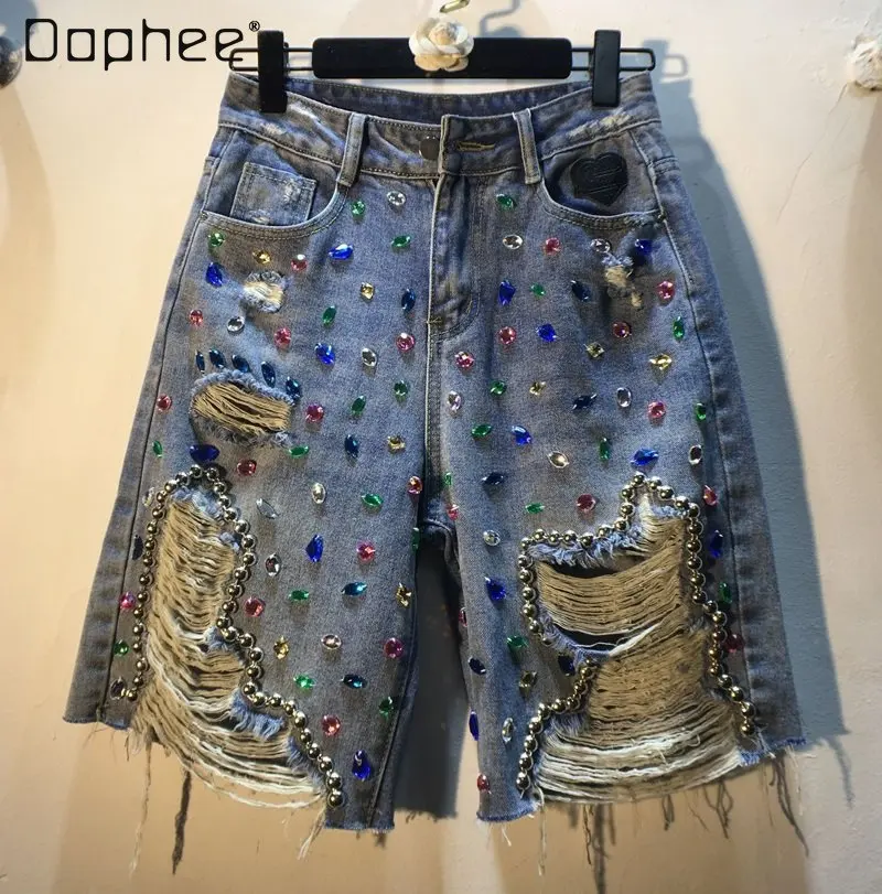 

2023 Spring and Summer New Exquisite Rhinestone Beaded High Waist Ripped Straight Fifth Pants Women Fashion Middle Pants Female