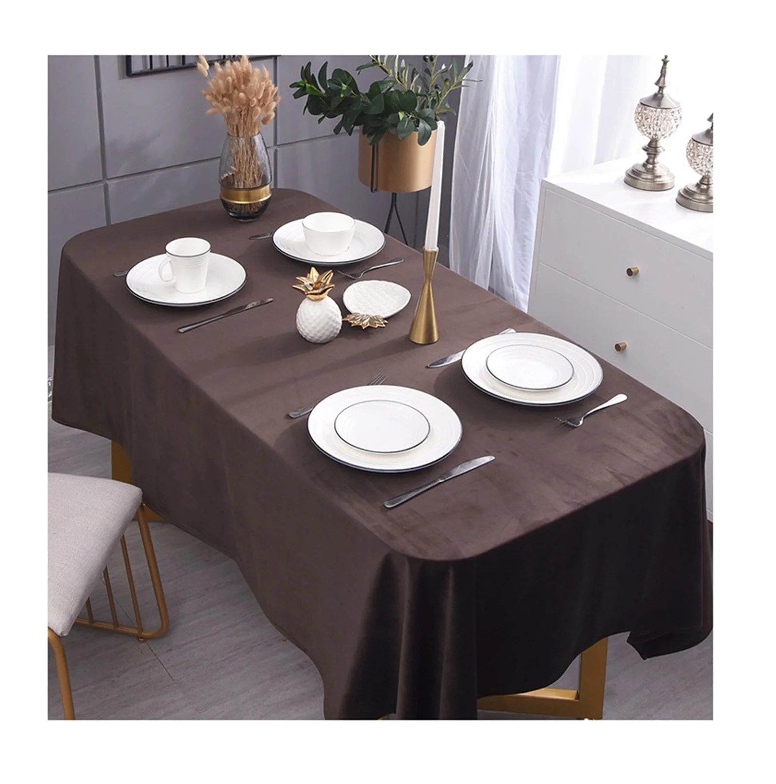 

Polyester Tablecloths, Waterproof Table Covers Velvet Retro Luxury Solid Color Dark Brown Dining Table Coffee Table Deco