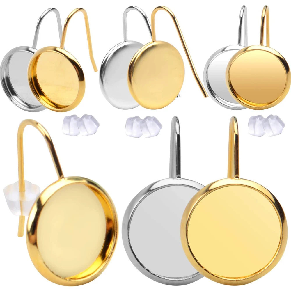 

20pcs 12mm Stainless Steel Cabochon Earrings Hook with Blank Setting Round Pendant Ear Base Findings for DIY Cameo JewelryMaking