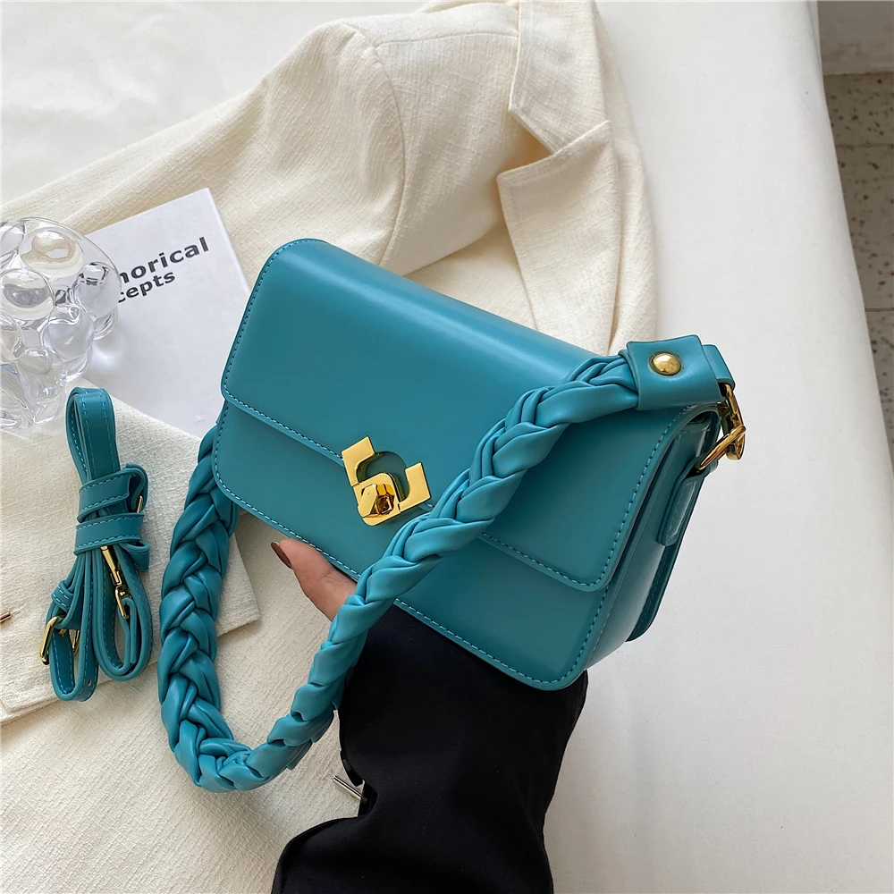 

Korean Style Twist Lock Boxy Small Shoulder Crossbody Bags For Women Summer 2022 Trend Braided Wide Strap Design Ladies Handbags