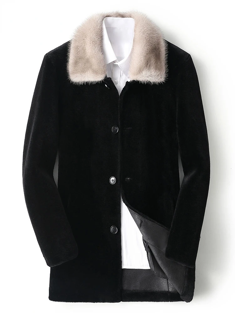

2022 Men's Autumn Winter Fashion Real Lamb Fur Outerwear Male Long Mink Fur Collar Coats Men Lapel Single Breasted Jackets A354