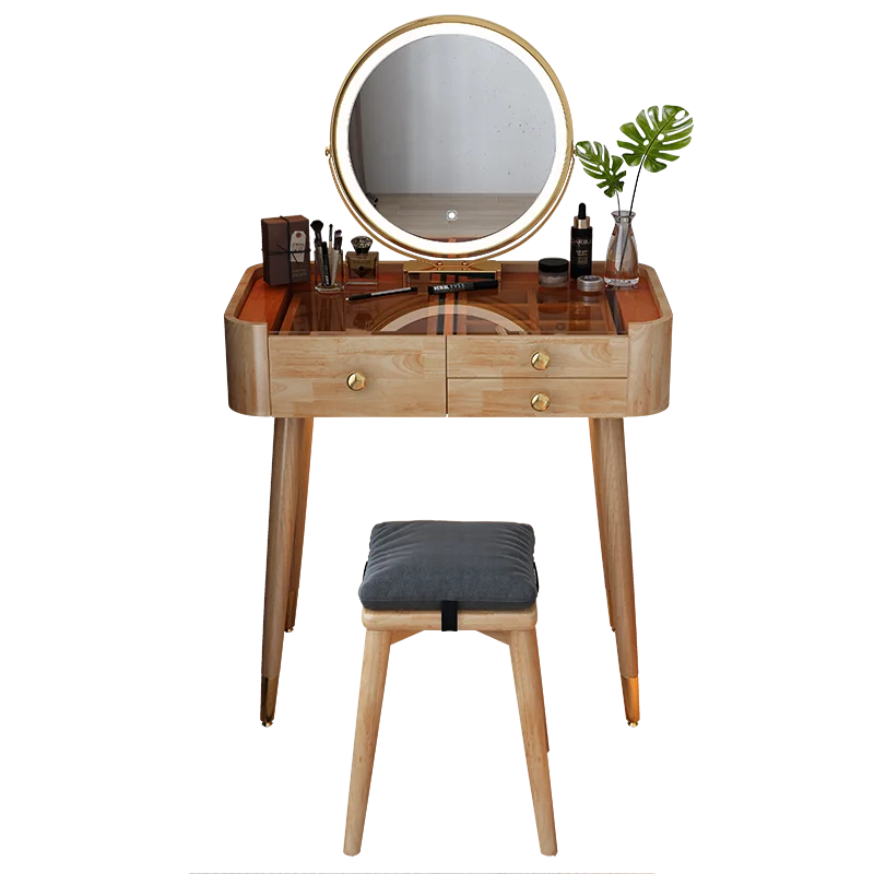 

Solid wood light luxury bedroom dressing table, makeup table, tempered glass countertop, modern and simple small unit storage ca